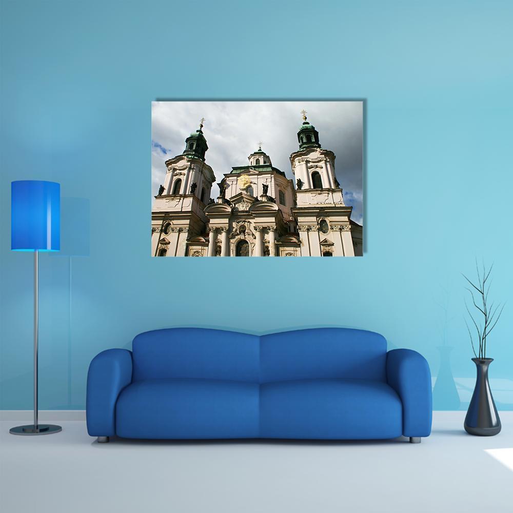 Church of St Nicholas Canvas Wall Art in white, gray and blue, single panel hung on a wall