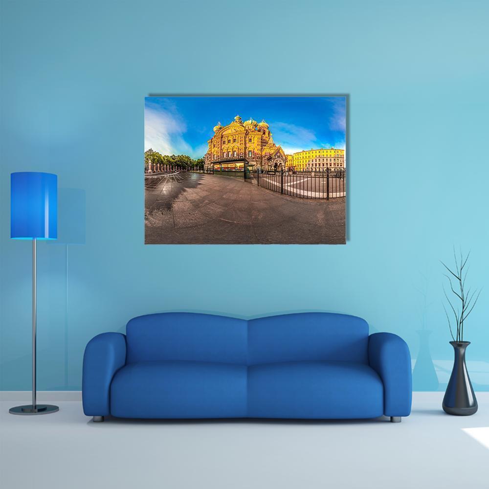 Church of the Savior with Golden Domes Canvas Wall Art in gray, gold and blue, single panel hung on a wall