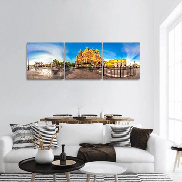 Church of the Savior with Golden Domes Panoramic Canvas Wall Art in gray, gold and blue, hung on a wall