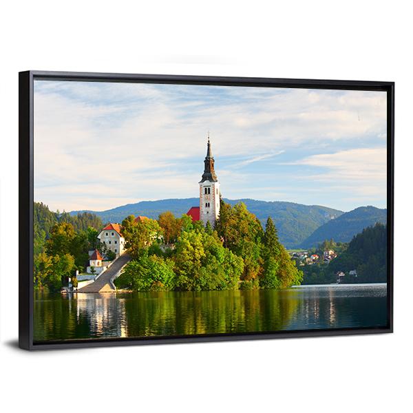Church On Bled Lake Canvas Wall Art-3 Horizontal-Gallery Wrap-25" x 16"-Tiaracle