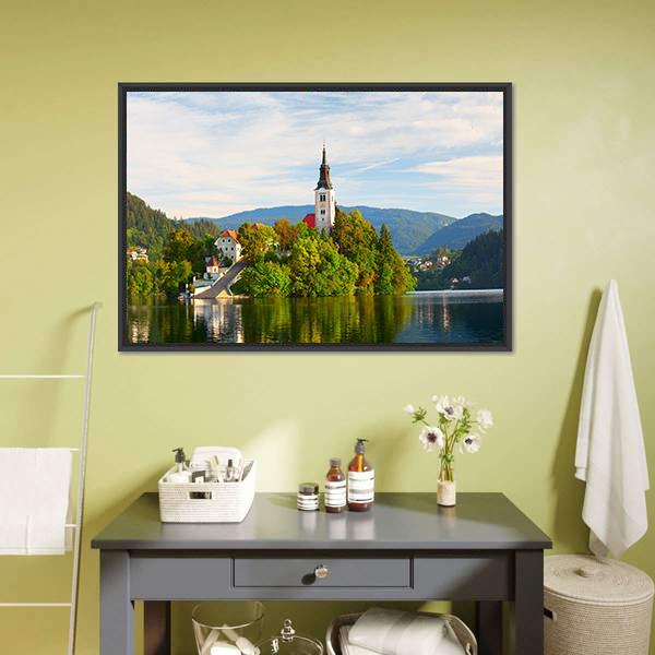 Church On Bled Lake Canvas Wall Art-3 Horizontal-Gallery Wrap-25" x 16"-Tiaracle