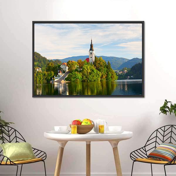 Church On Bled Lake Canvas Wall Art-3 Horizontal-Gallery Wrap-25" x 16"-Tiaracle