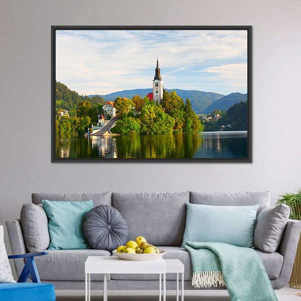 Church On Bled Lake Canvas Wall Art-1 Piece-Floating Frame-24" x 16"-Tiaracle