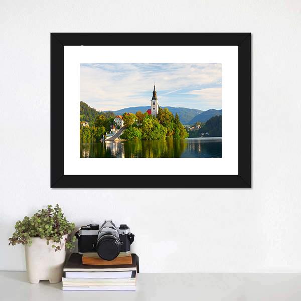 Church On Bled Lake Canvas Wall Art-1 Piece-Framed Print-20" x 16"-Tiaracle