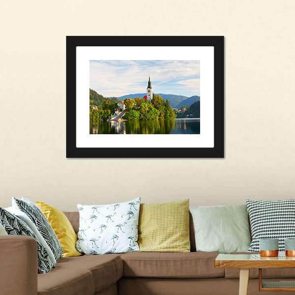 Church On Bled Lake Canvas Wall Art-3 Horizontal-Gallery Wrap-25" x 16"-Tiaracle