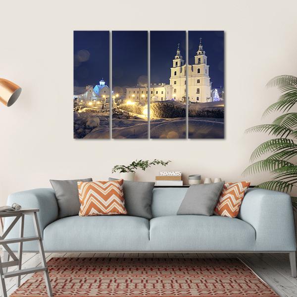 Church On Christmas Night Canvas Wall Art-4 Horizontal-Gallery Wrap-34" x 24"-Tiaracle