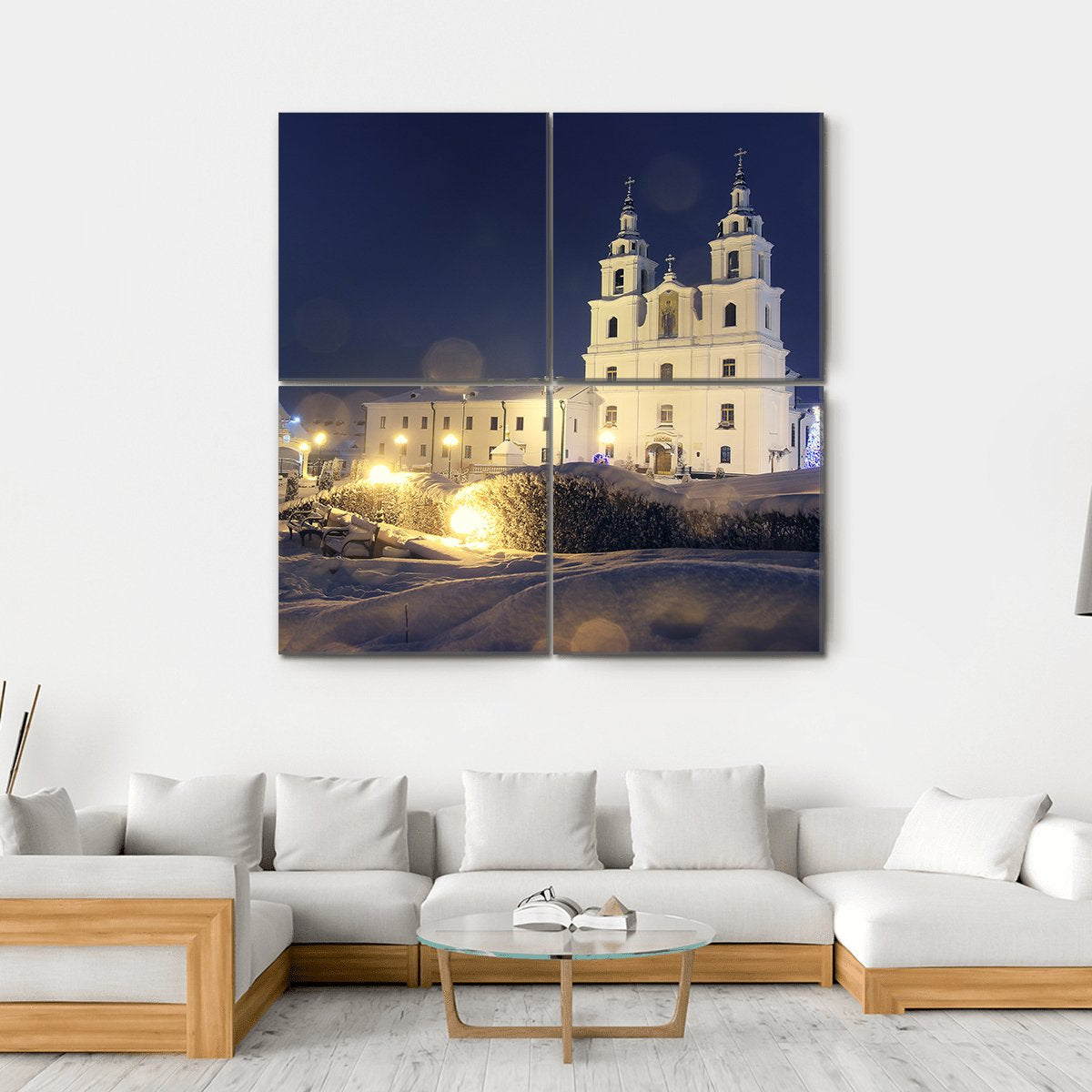 Church On Christmas Night Canvas Wall Art-4 Square-Gallery Wrap-17" x 17"-Tiaracle