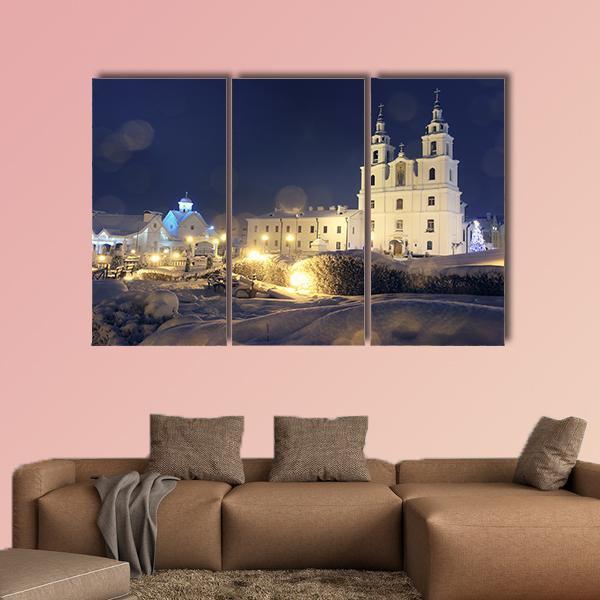 Church On Christmas Night Canvas Wall Art-3 Horizontal-Gallery Wrap-25" x 16"-Tiaracle