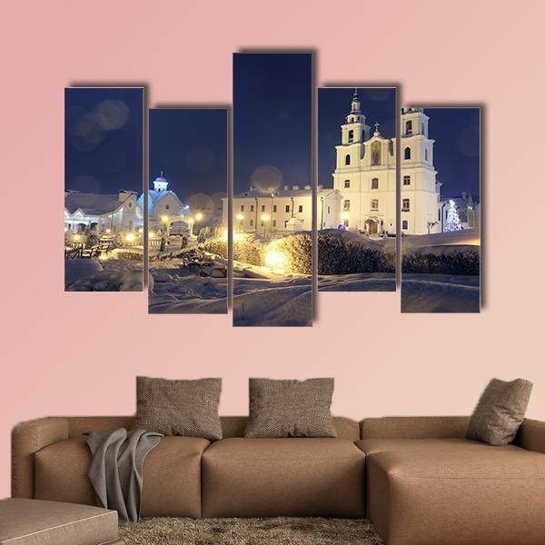 Church On Christmas Night Canvas Wall Art-5 Pop-Gallery Wrap-47" x 32"-Tiaracle