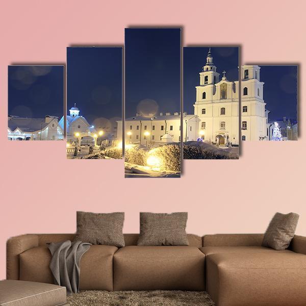 Church On Christmas Night Canvas Wall Art-5 Star-Gallery Wrap-62" x 32"-Tiaracle