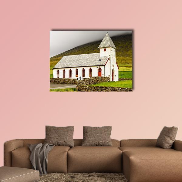 Church On Sandoy Denmark Canvas Wall Art-1 Piece-Gallery Wrap-48" x 32"-Tiaracle