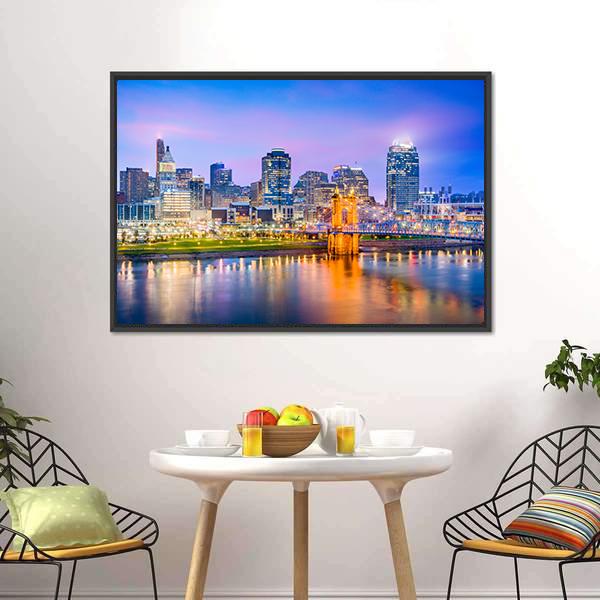 Cincinnati Skyline On River Canvas Wall Art-1 Piece-Floating Frame-24" x 16"-Tiaracle