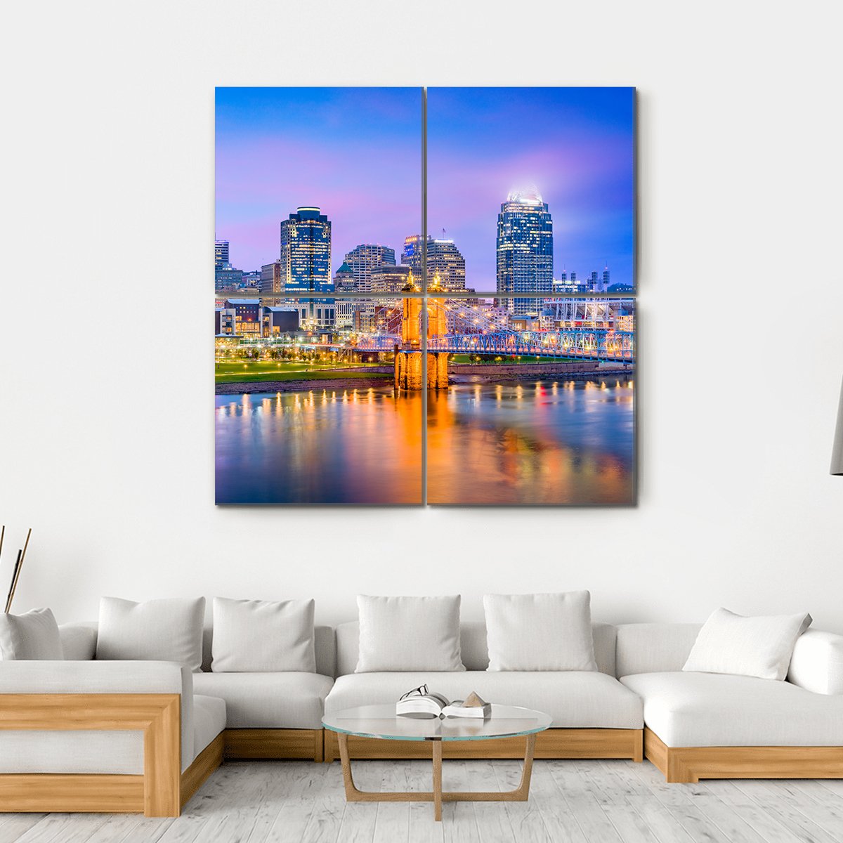 Cincinnati Skyline On River Canvas Wall Art-4 Square-Gallery Wrap-17" x 17"-Tiaracle