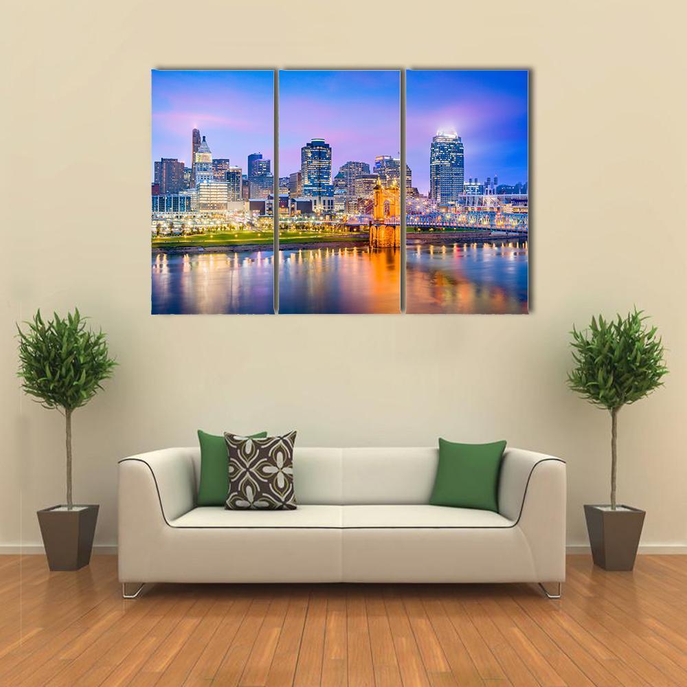 Cincinnati Skyline On River Canvas Wall Art-3 Horizontal-Gallery Wrap-37" x 24"-Tiaracle