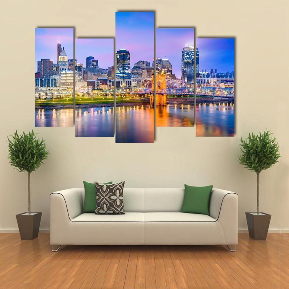 Cincinnati Skyline On River Canvas Wall Art-5 Pop-Gallery Wrap-47" x 32"-Tiaracle