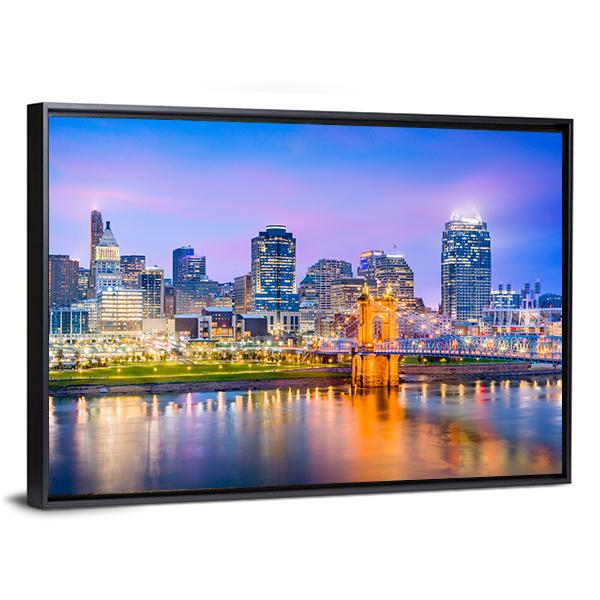 Cincinnati Skyline On River Canvas Wall Art-3 Horizontal-Gallery Wrap-25" x 16"-Tiaracle