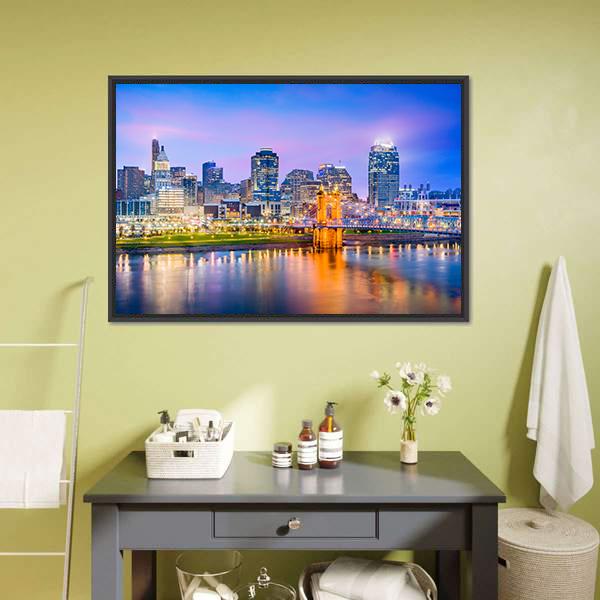 Cincinnati Skyline On River Canvas Wall Art-3 Horizontal-Gallery Wrap-25" x 16"-Tiaracle