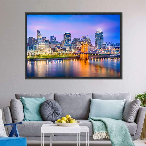 Cincinnati Skyline On River Canvas Wall Art-3 Horizontal-Gallery Wrap-25" x 16"-Tiaracle