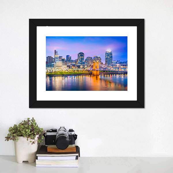 Cincinnati Skyline On River Canvas Wall Art-3 Horizontal-Gallery Wrap-25" x 16"-Tiaracle