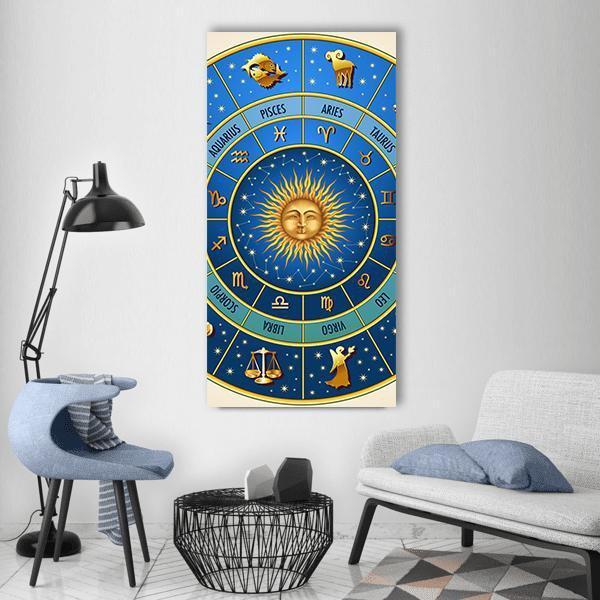 Vintage Zodiac Wheel with Sun Face Vertical Canvas Wall Art in gold and blue, single vertical panel hung on a wall