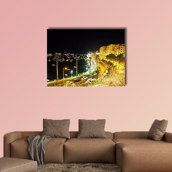 Harbor City Lights at Night Canvas Wall Art in black, gold and yellow, single panel hung on a wall