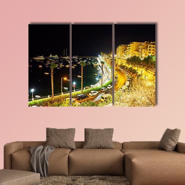 City At Night Malta Canvas Wall Art-3 Horizontal-Gallery Wrap-37" x 24"-Tiaracle