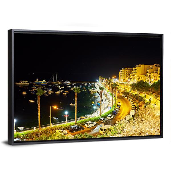 City At Night Malta Canvas Wall Art-3 Horizontal-Gallery Wrap-25" x 16"-Tiaracle