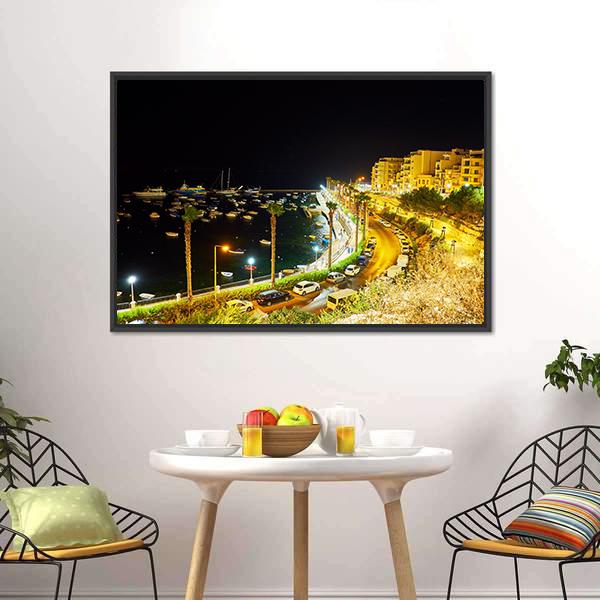 City At Night Malta Canvas Wall Art-1 Piece-Floating Frame-24" x 16"-Tiaracle