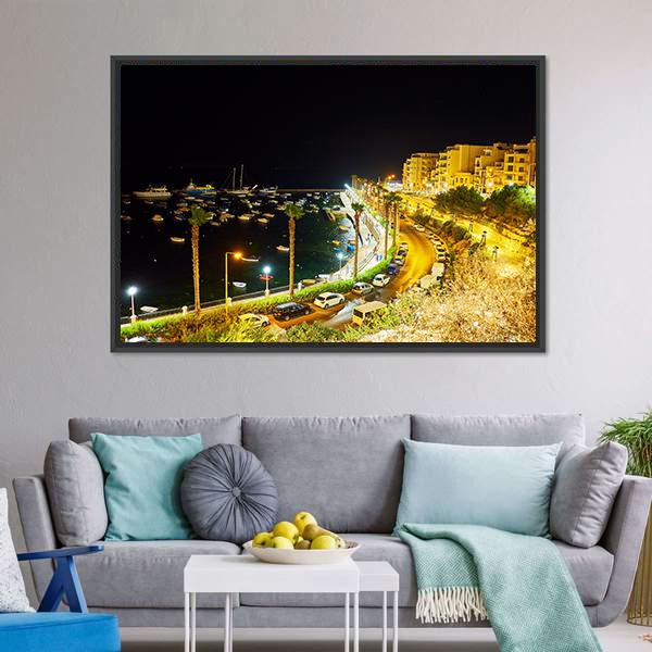 City At Night Malta Canvas Wall Art-3 Horizontal-Gallery Wrap-25" x 16"-Tiaracle