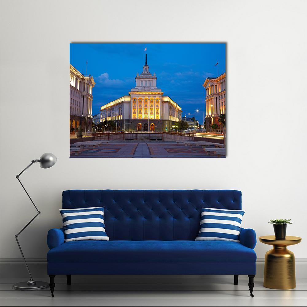 Sofia City Center at Night Canvas Wall Art in gold, yellow and blue, single panel hung on a wall