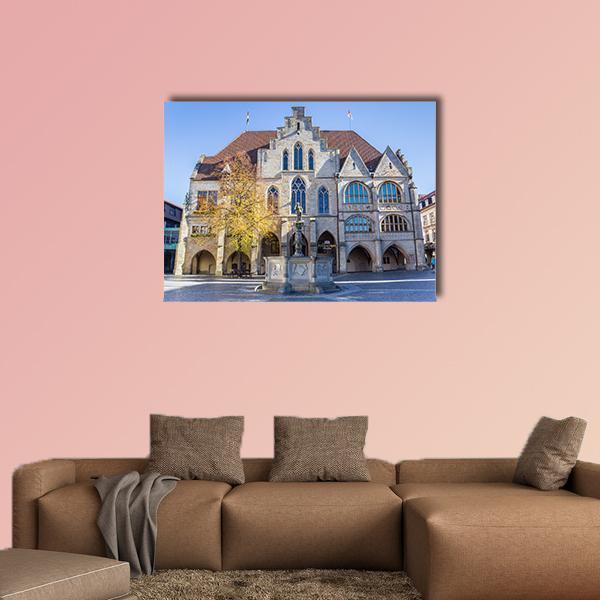 Hildesheim City Hall Canvas Wall Art in gray, beige and blue, single panel hung on a wall