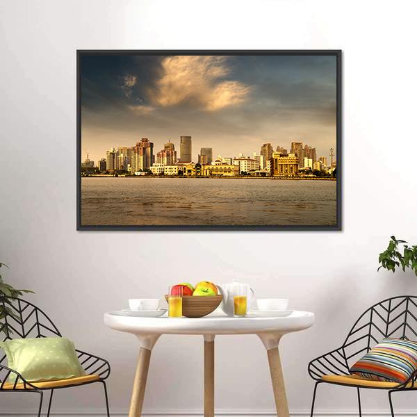 City In The Setting Sun Canvas Wall Art-1 Piece-Floating Frame-24" x 16"-Tiaracle