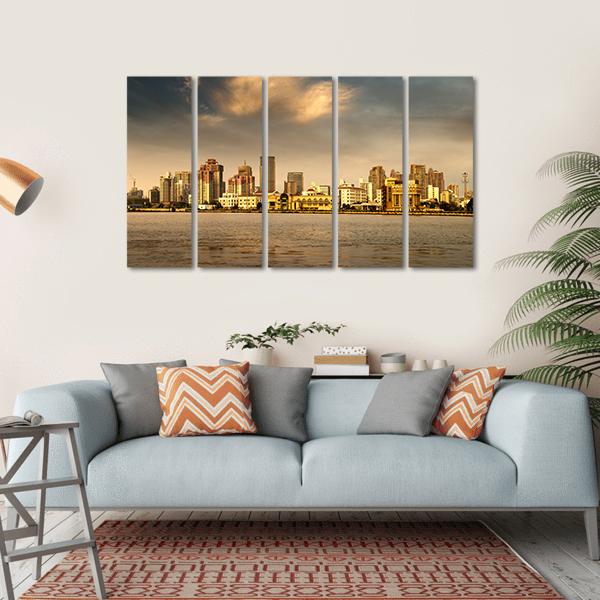 City In The Setting Sun Canvas Wall Art-5 Horizontal-Gallery Wrap-22" x 12"-Tiaracle