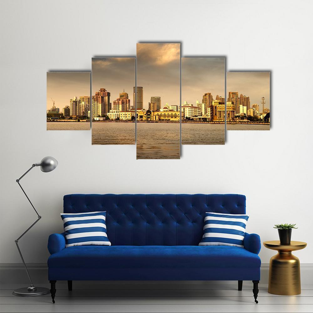 City In The Setting Sun Canvas Wall Art-5 Pop-Gallery Wrap-47" x 32"-Tiaracle