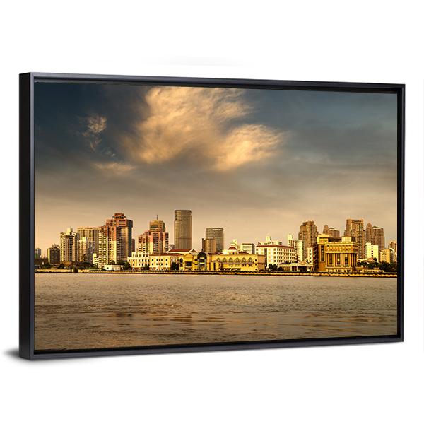 City In The Setting Sun Canvas Wall Art-3 Horizontal-Gallery Wrap-25" x 16"-Tiaracle