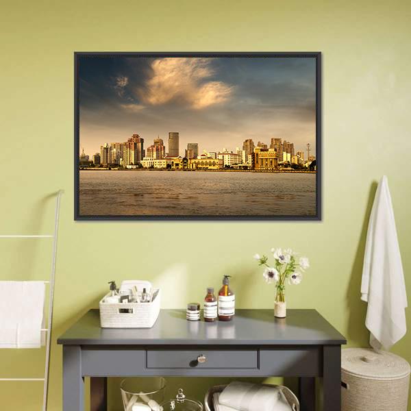 City In The Setting Sun Canvas Wall Art-3 Horizontal-Gallery Wrap-25" x 16"-Tiaracle
