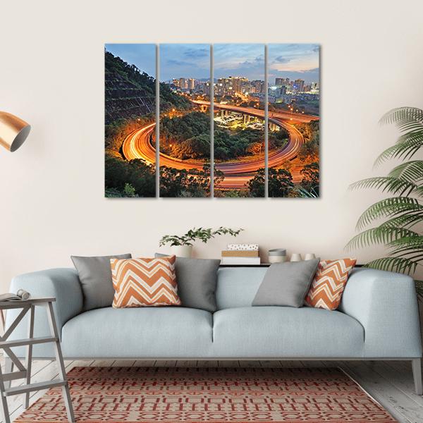City Interchange At Night Canvas Wall Art-4 Horizontal-Gallery Wrap-34&quot; x 24&quot;-Tiaracle