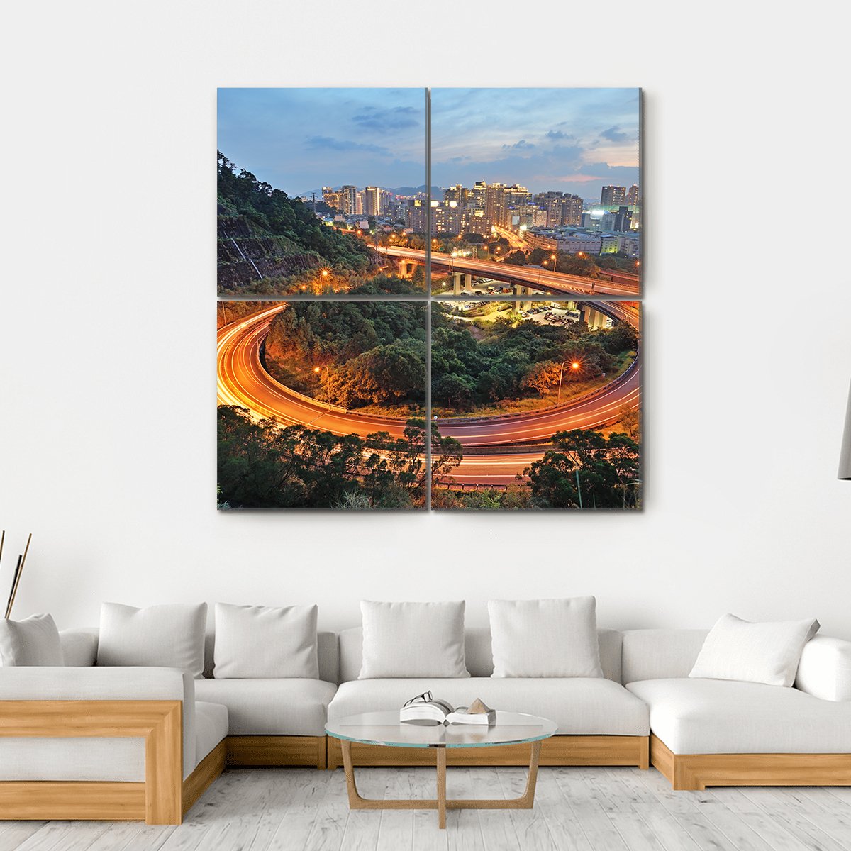 City Interchange At Night Canvas Wall Art-4 Square-Gallery Wrap-17" x 17"-Tiaracle