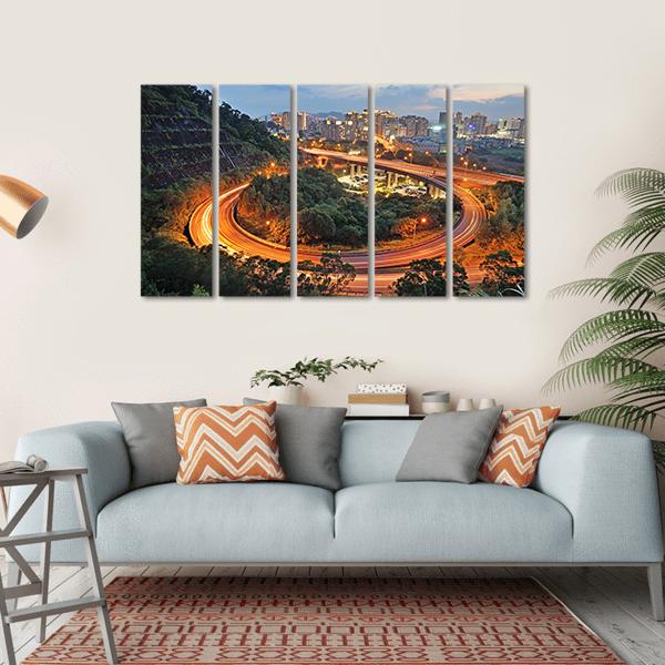 City Interchange At Night Canvas Wall Art-5 Horizontal-Gallery Wrap-22&quot; x 12&quot;-Tiaracle