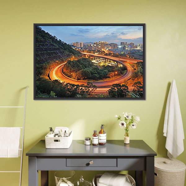 City Interchange At Night Canvas Wall Art-3 Horizontal-Gallery Wrap-25" x 16"-Tiaracle