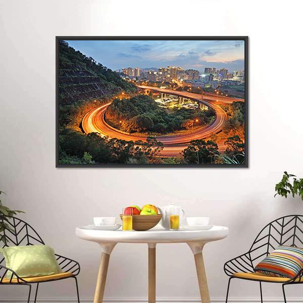 City Interchange At Night Canvas Wall Art-1 Piece-Floating Frame-24" x 16"-Tiaracle