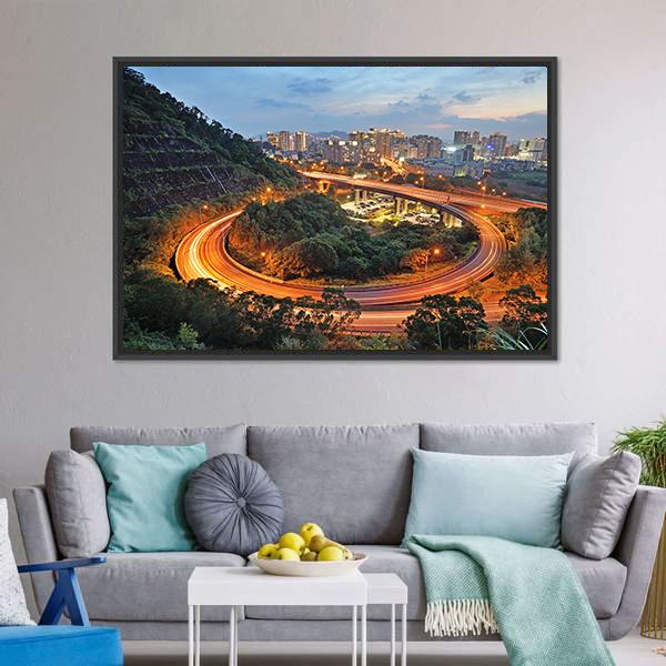 City Interchange At Night Canvas Wall Art-3 Horizontal-Gallery Wrap-25" x 16"-Tiaracle