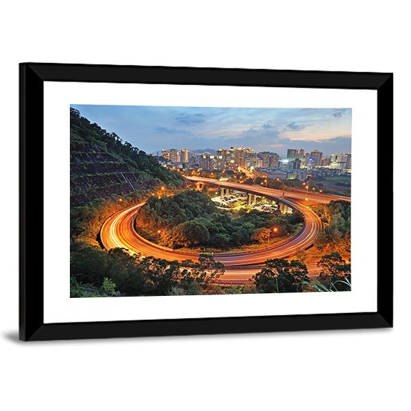 City Interchange At Night Canvas Wall Art-3 Horizontal-Gallery Wrap-25" x 16"-Tiaracle