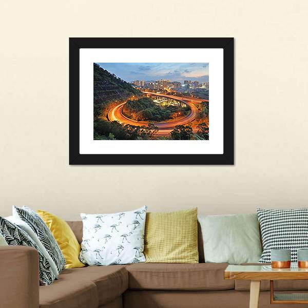 City Interchange At Night Canvas Wall Art-1 Piece-Framed Print-20" x 16"-Tiaracle