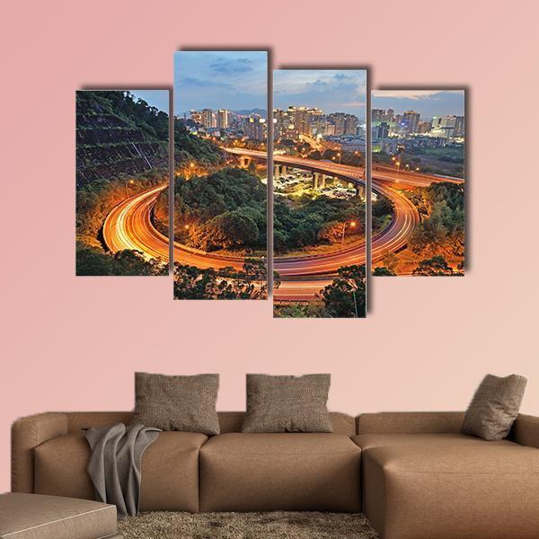 City Interchange At Night Canvas Wall Art-4 Pop-Gallery Wrap-50" x 32"-Tiaracle