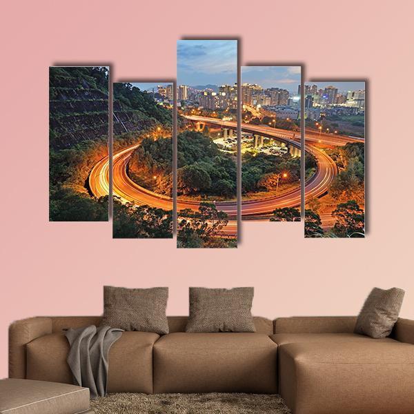 City Interchange At Night Canvas Wall Art-5 Pop-Gallery Wrap-47" x 32"-Tiaracle