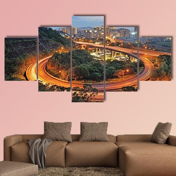 City Interchange At Night Canvas Wall Art-5 Star-Gallery Wrap-62" x 32"-Tiaracle