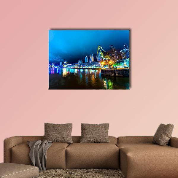 Buenos Aires City Lights Canvas Wall Art in black, yellow and blue, single panel hung on a wall