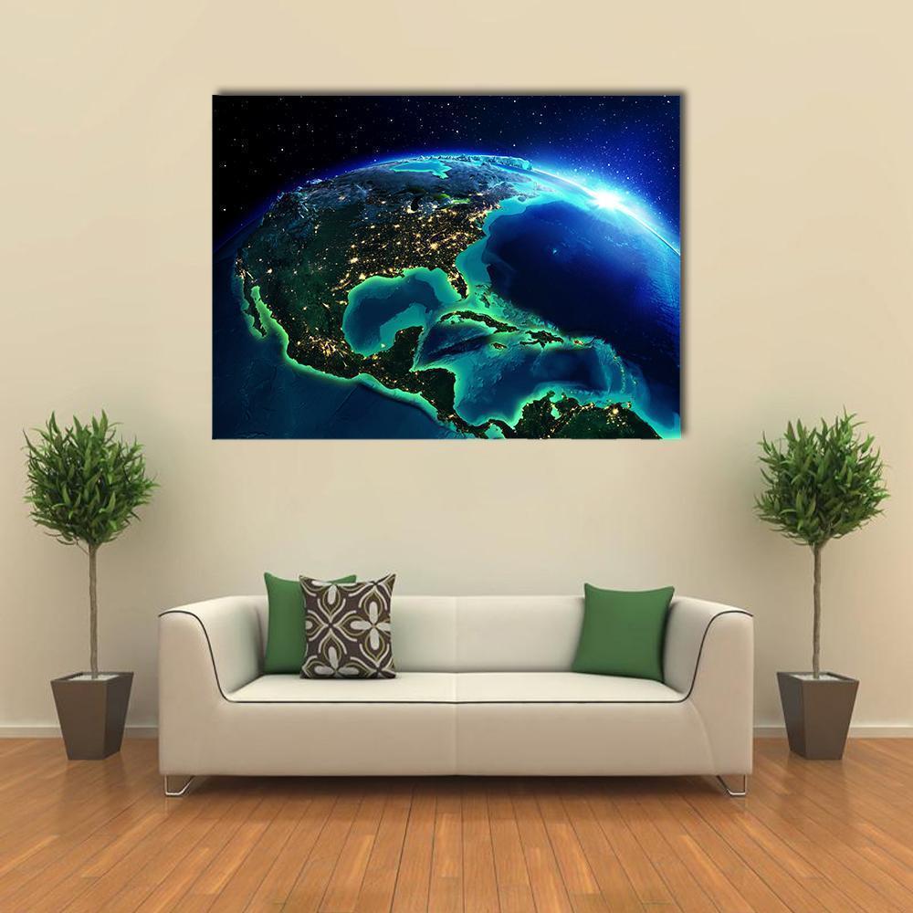 North America at Night Canvas Wall Art in black and blue, single panel hung on a wall