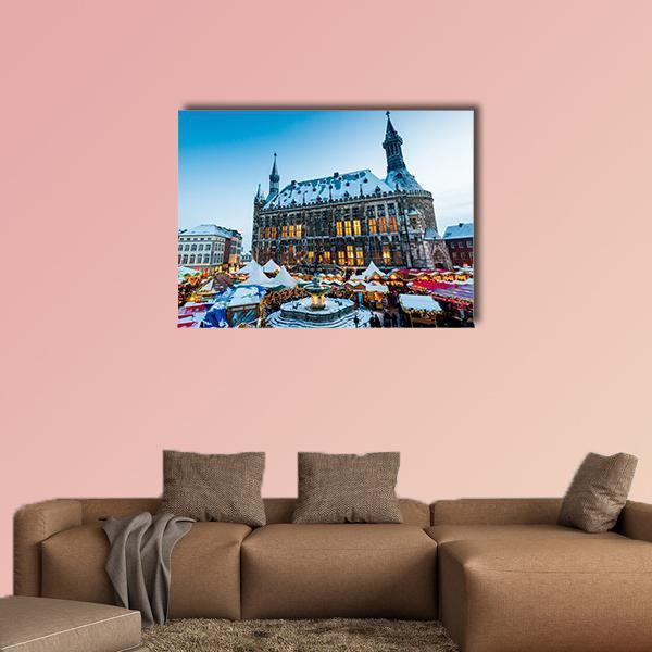Aachen Christmas Market Square at Twilight Canvas Wall Art in white, gray and blue, single panel hung on a wall